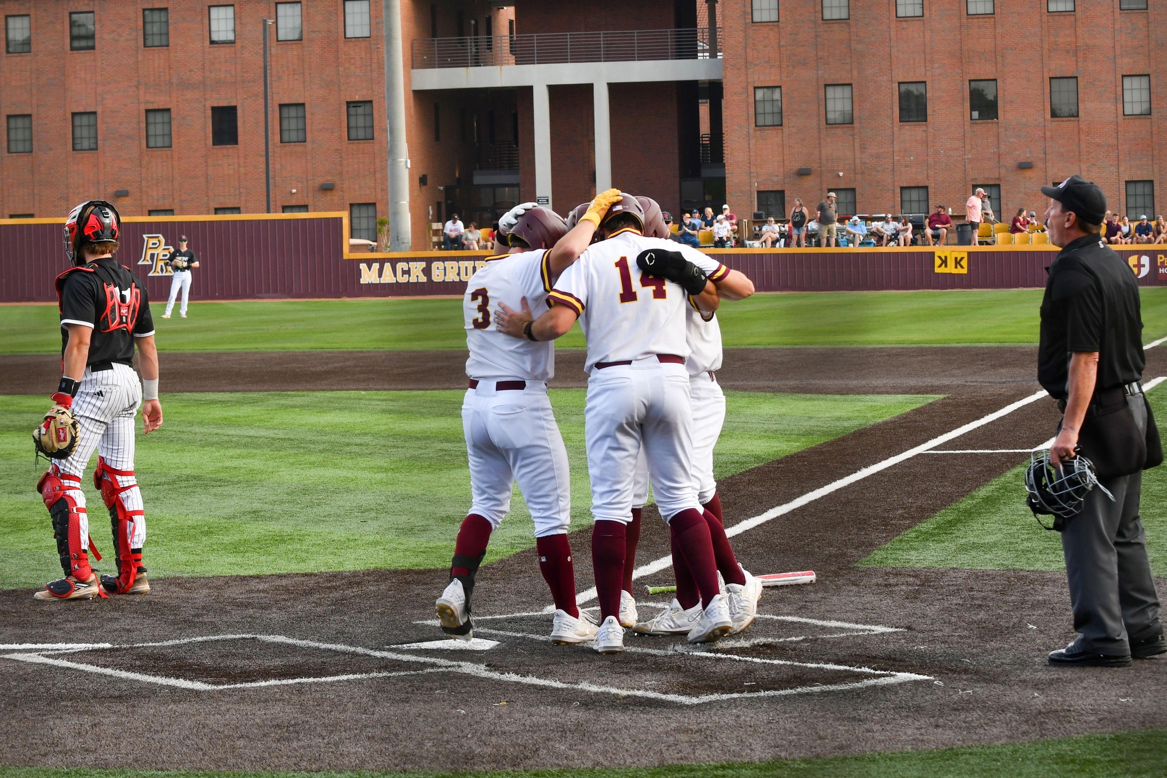 Marshall Phillips (Sumrall; Hattiesburg) celebrates with teammates after a go-ahead three-run home run against East Mississippi (Hannah Mills/PRCCAthletics).