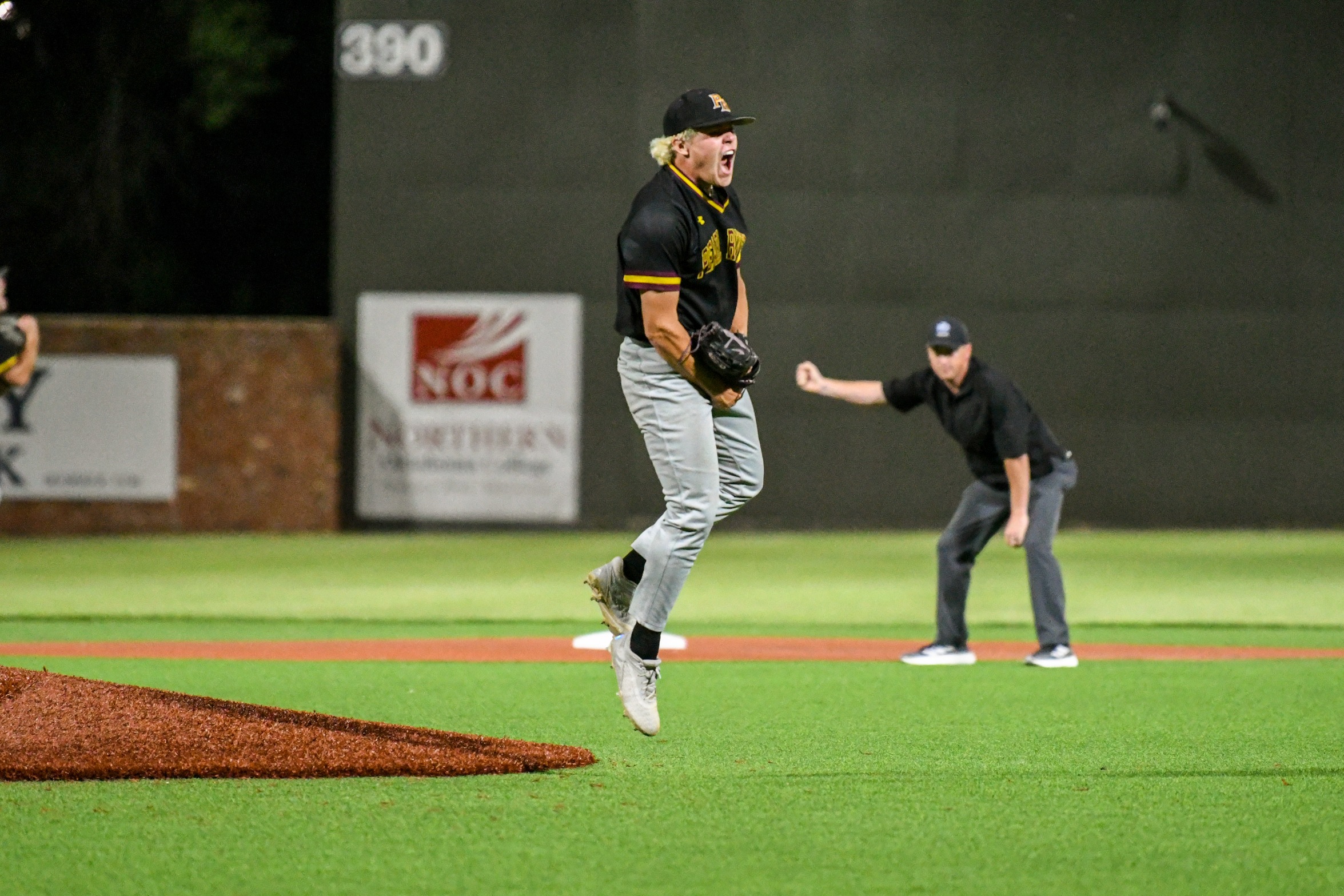 KK Clark (Brandon) celebrates after striking out the final East Central batter to send Pearl River to the title game (Richard Gleber).
