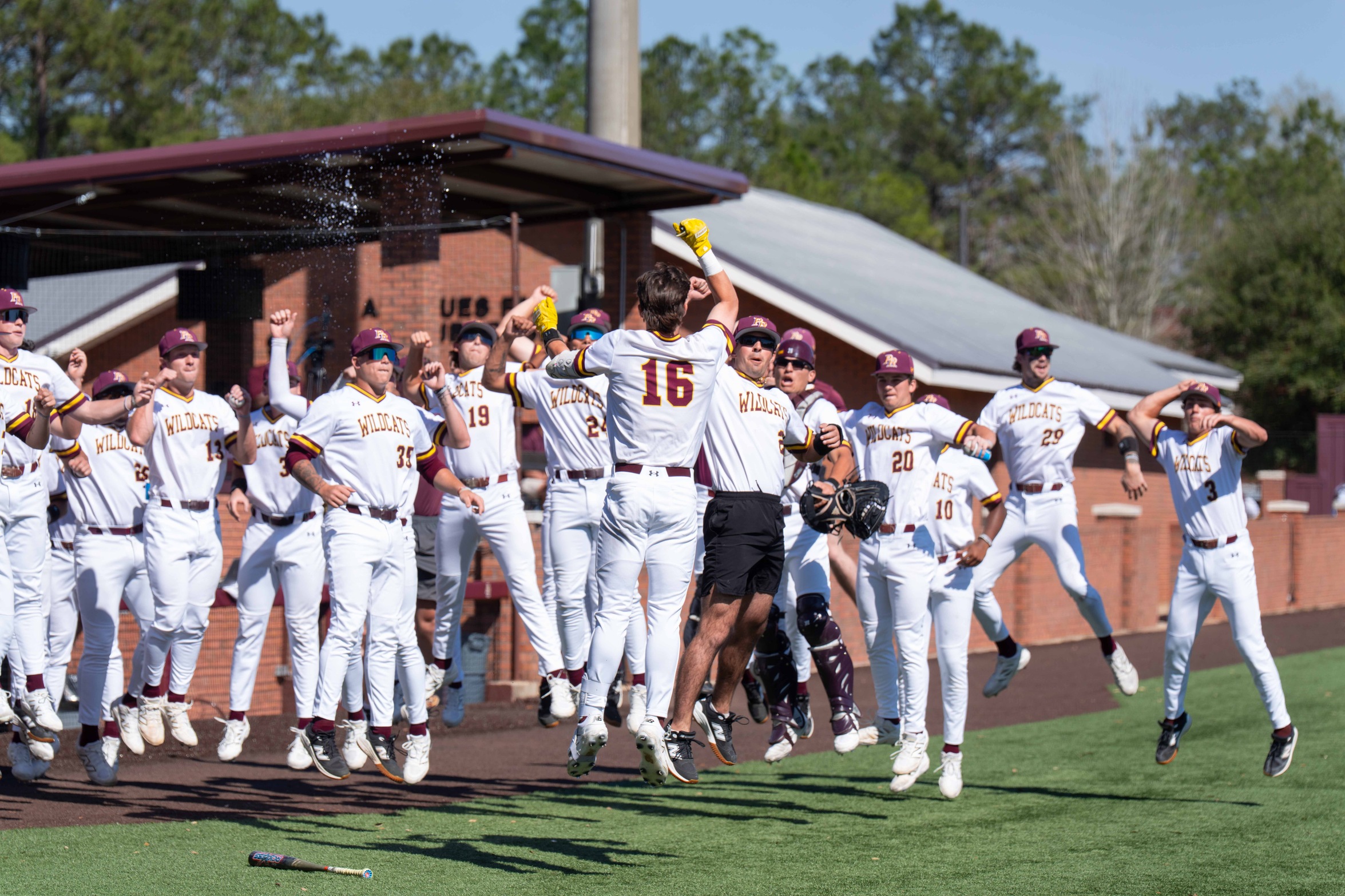 Landon Hawkins (Sumrall) celebrates after hitting a home run against Northeast (Karisa Watkins/PRCC Athletics).
