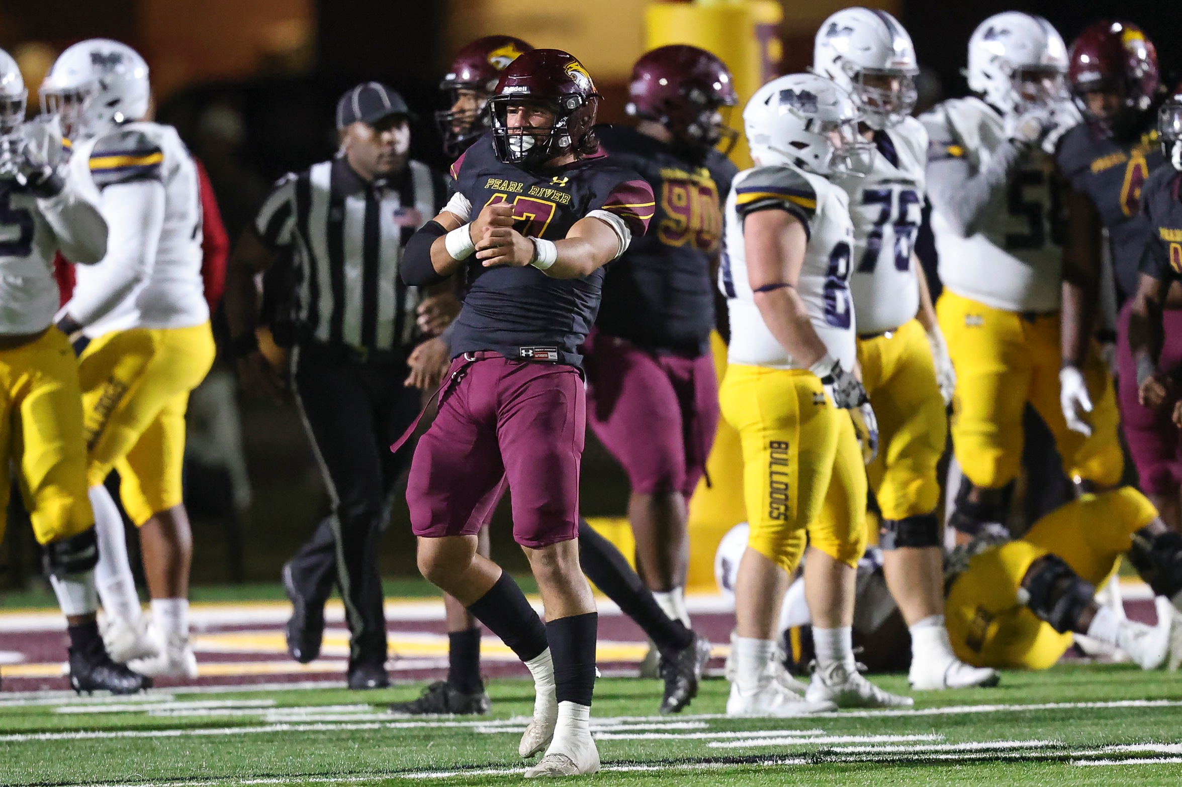 Eli Hackbarth (Birmingham, Ala.; Oak Mountain) celebrates during Pearl River's fourth quarter defensive stand.