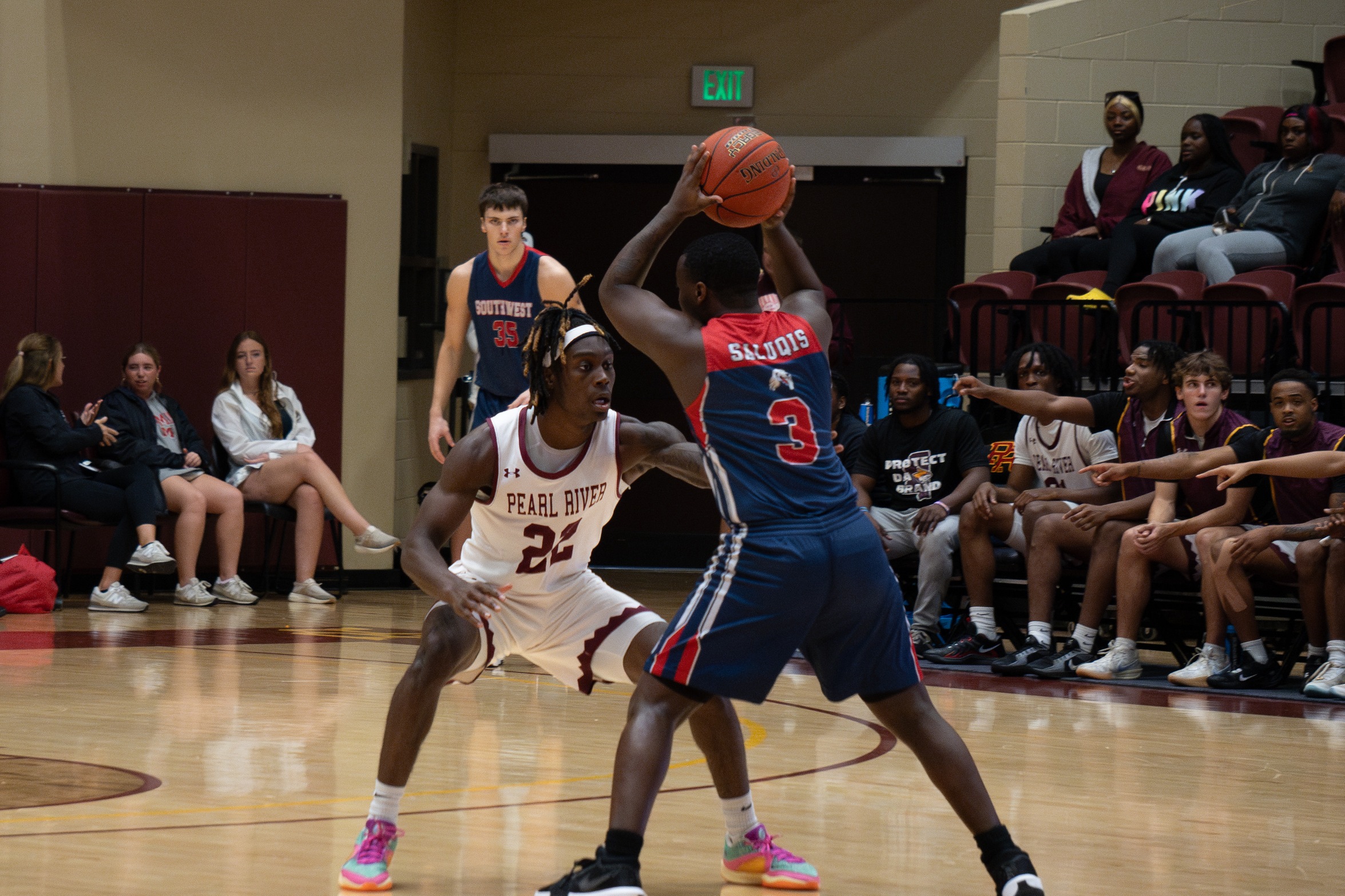 Dylan Sanders (Aurora, Colo.) matches up with a Southwest Tennessee player on defense (Karisa Watkins/PRCC Athletics).