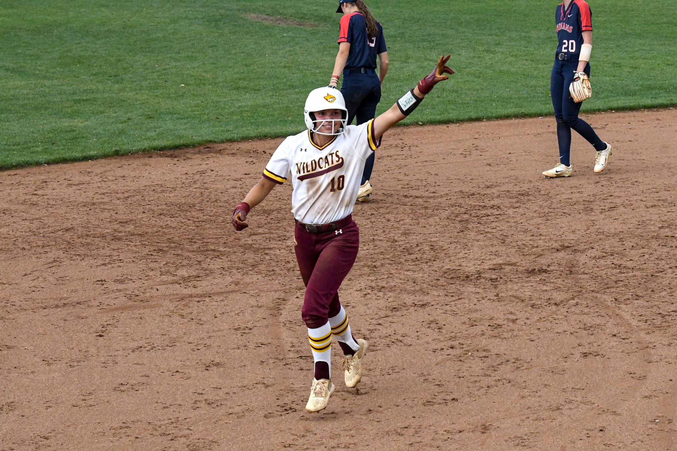 Natalee Eaves (Louisville; Choctaw Central) celebrates after hitting a solo home run against Itawamba (Hannah Mills/PRCC Athletics).