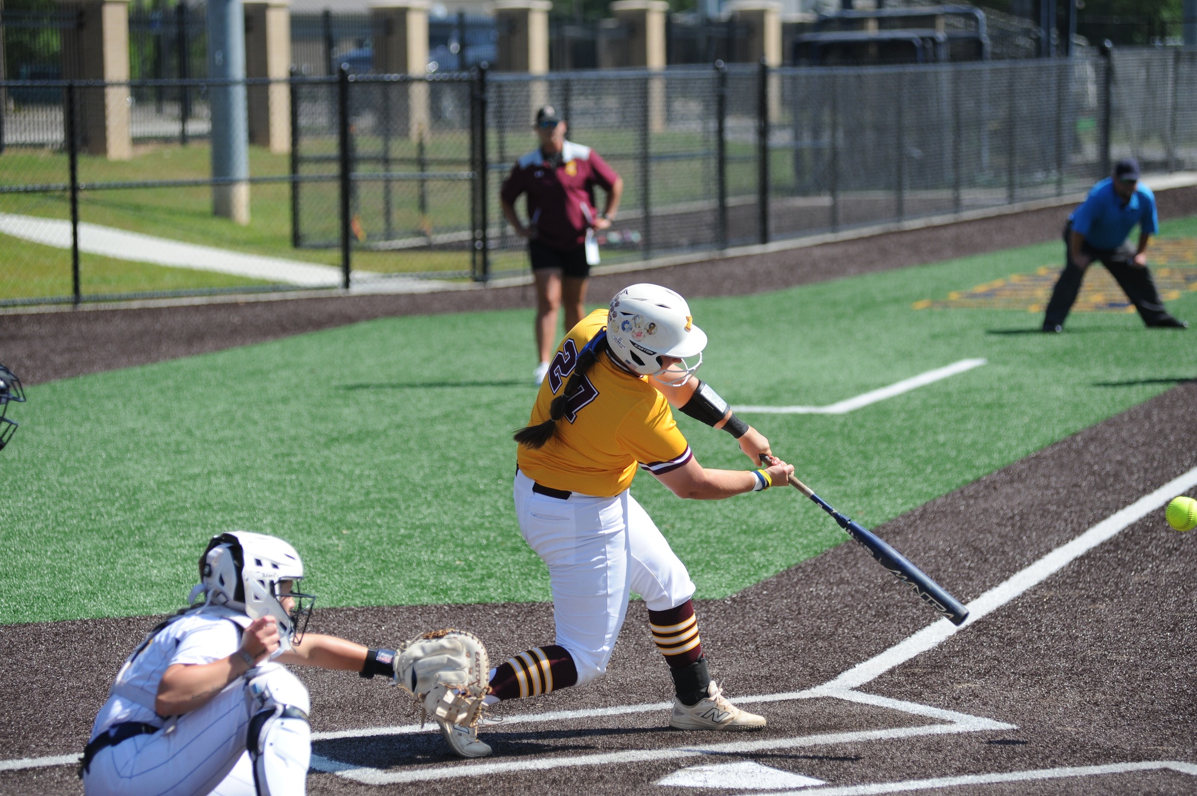 Caroline Lindsey collects one of her two hits against Gulf Coast. (MGCCC Athletics)