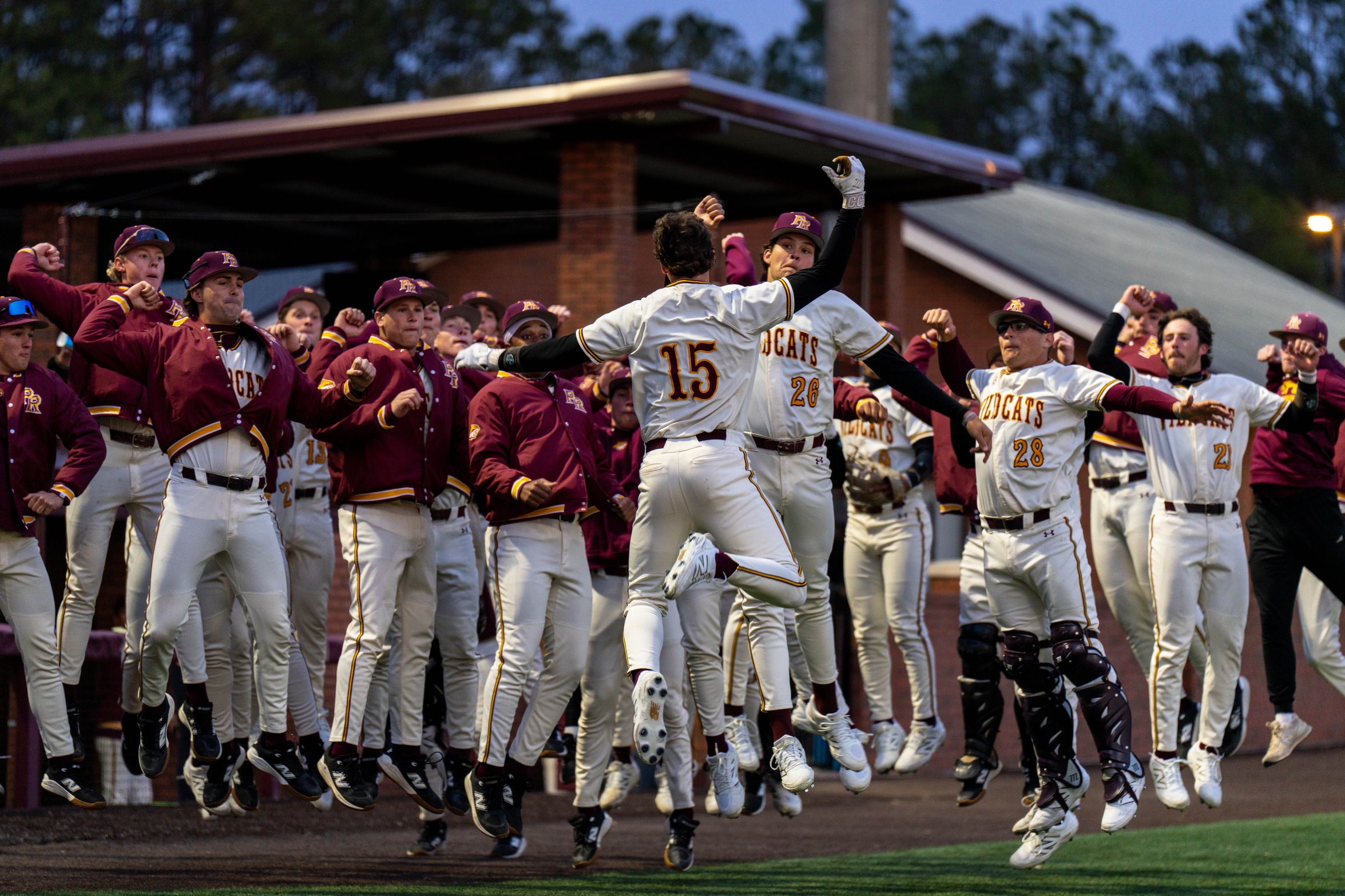 Abel Thetford (Bossier City, La.; Parkway) celebrates after a home run against No. 14 Jones College (Karisa Watkins/PRCC Athletics).